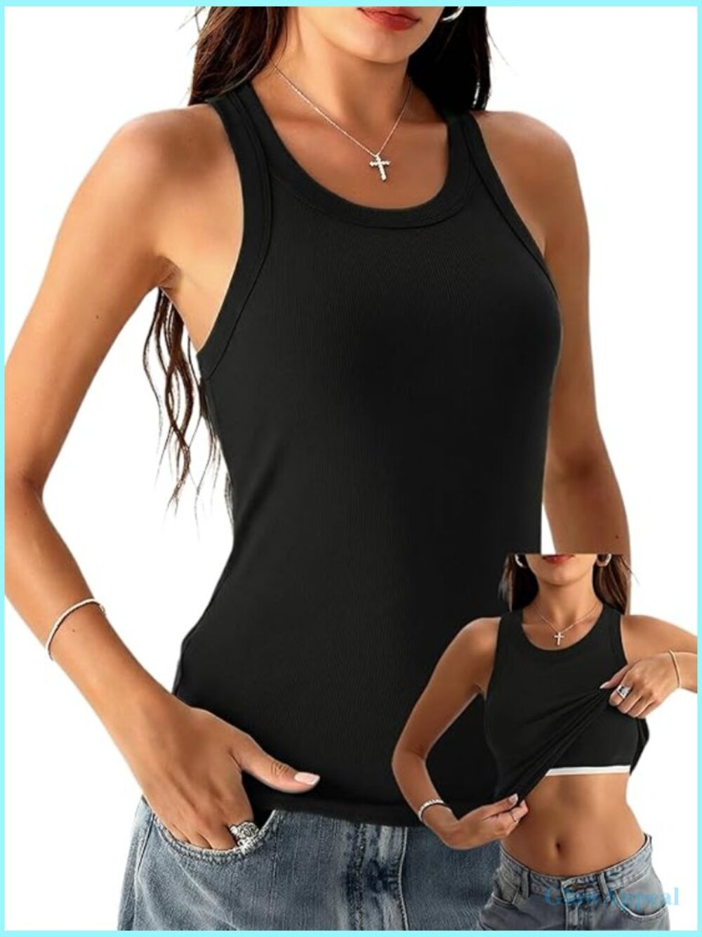 Racerback Tank Top With Built-In Bra High Neck Ribbed Fitted Long Cami
